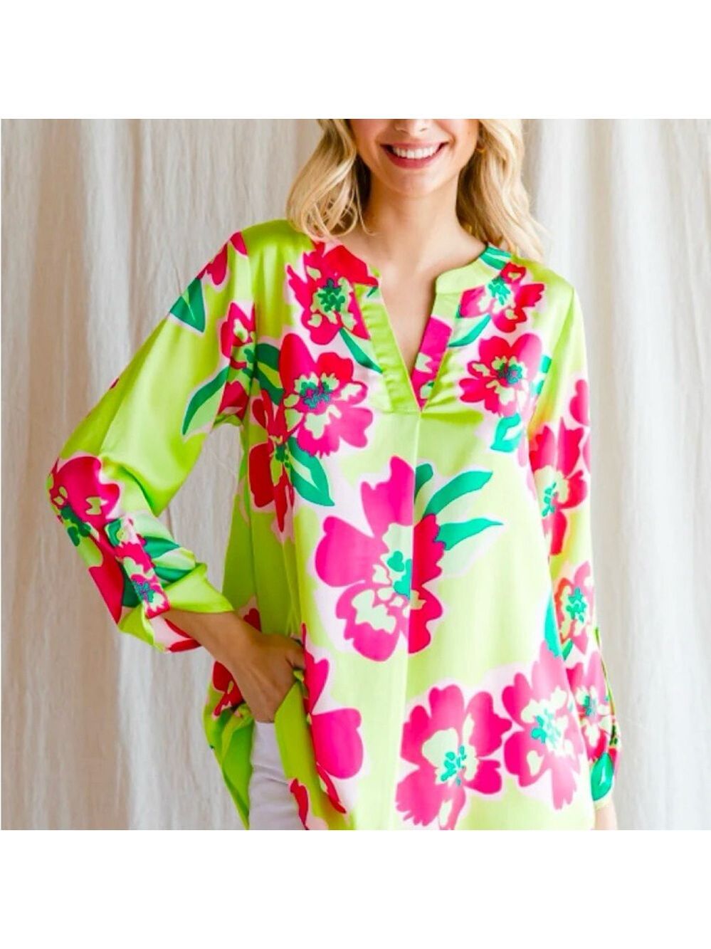 JODIFL Lime Green V Neck Tunic with Hot Pink Hibiscus Flowers size S NWT - Picture 11 of 11